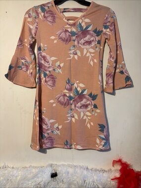 Girls' Peach Floral Midi Dress with V-Neckline